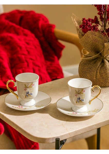 Ekru Baskılı 2 Kişilik Porselen Kahve Fincan Takımı, 90 ml