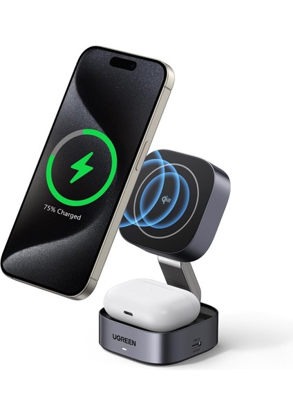 magflow qi2 sertifikalı 15w 2'si 1 arada katlanabilir şarj ıstasyonuşarj standı iphone 16,16 pro,16 pro max,15,14,13, airpods ıçin magsafe şarj cihazı ile uyumlu, bekleme ışlevini