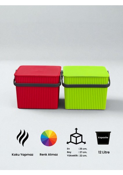 Rainbow 2'li Yeşil Kırmızı Kare Kova Piknik Sepeti Meyve Kovası