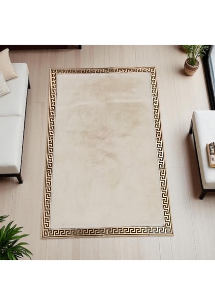 Altın Bordürlü Krem Peluş Halı - Yumuşak Salon Halısı