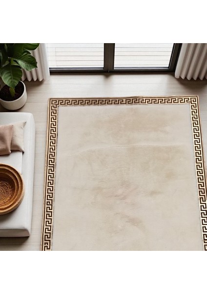 Altın Bordürlü Krem Peluş Halı - Yumuşak Salon Halısı modelleri