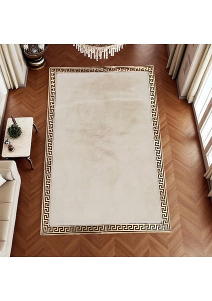 Altın Bordürlü Krem Peluş Halı - Yumuşak Salon Halısı fırsatları