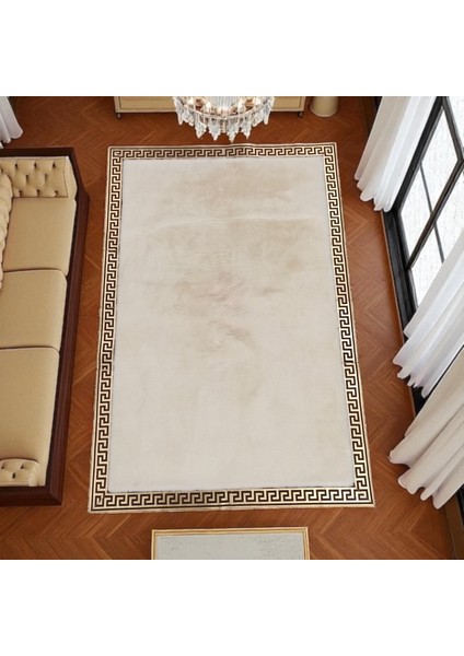 Altın Bordürlü Krem Peluş Halı - Yumuşak Salon Halısı indirimleri