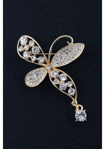 Sallantılı Gold Renk Pırlantalı Çiçek Broş. Taşlı Tasarım Çiçek Broş. Kadın Broş. Broş. Çiçek Broş.