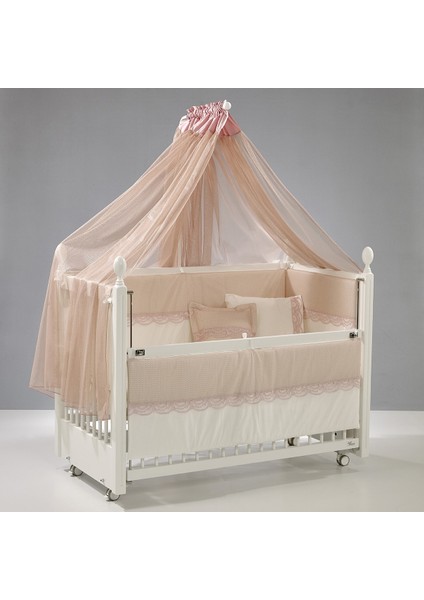 MeltemKids Kral Anne Yanı Ahşap Sallanır Beşik 60x120 cm (beyaz-pembe)