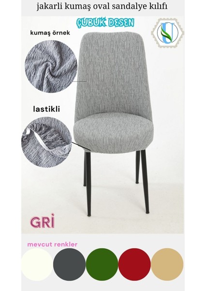 Gri Jakarli Kumaş Oval Sandalye Kılıfı, 6'lı Set, Şık ve Rahat Kullanım.
