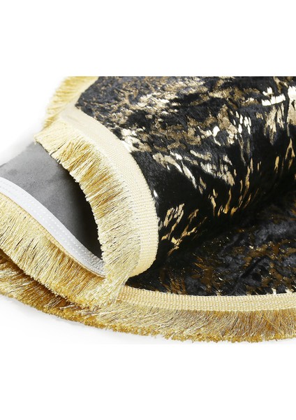Altın Püsküllü Siyah Peluş Halı - Şık Dekoratif Halı, Kaymaz Taban Halı fırsatları