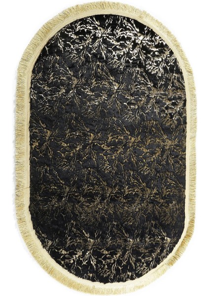 Altın Püsküllü Siyah Peluş Halı - Şık Dekoratif Halı, Kaymaz Taban Halı indirimleri