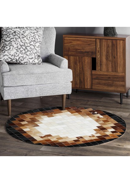 Kareli Kahverengi Beyaz Desenli Yuvarlak Dana Derisi Halı, Şık Salon ve Oturma Odası Halısı fiyatları