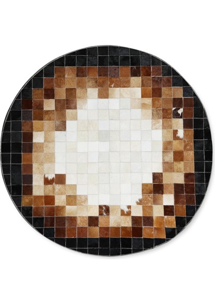 Kareli Kahverengi Beyaz Desenli Yuvarlak Dana Derisi Halı, Şık Salon ve Oturma Odası Halısı fırsatları