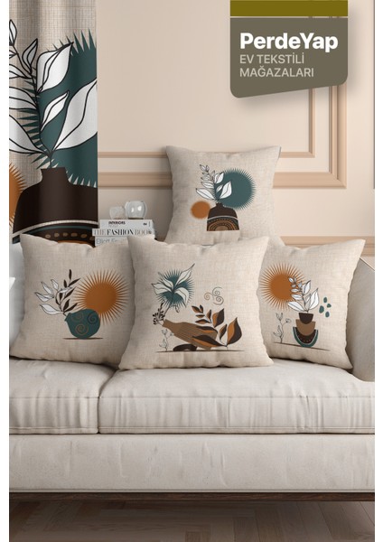 Kuraklık ve Kır Çiçekleri Desenli 4lü Dijital Baskılı Kırlent Yastık Kılıfı 43x43 Cm Krem 015