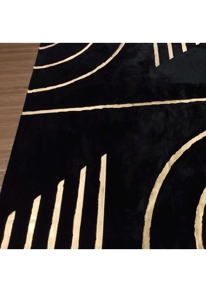 Modern Desenli Altın ve Siyah Renkli Peluş Halı, Şık Salon ve Oturma Odası Halısı fırsatları