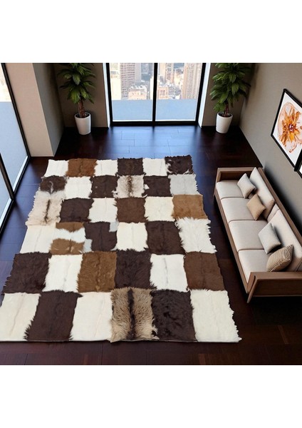 Kahverengi ve Beyaz Oğlak Derisi Patchwork Halı, El Yapımı Şık Salon Halısı