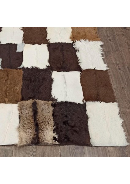 Kahverengi ve Beyaz Oğlak Derisi Patchwork Halı, El Yapımı Şık Salon Halısı fiyatları