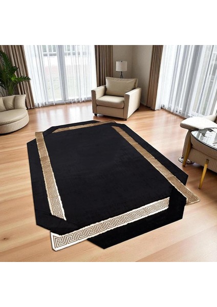 Altın Bordürlü Siyah Peluş Halı – El Yapımı Yumuşak ve Şık Salon Halısı