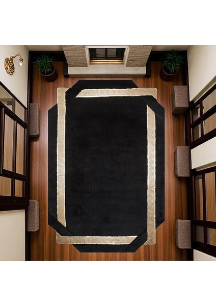 Altın Bordürlü Siyah Peluş Halı – El Yapımı Yumuşak ve Şık Salon Halısı fiyatları