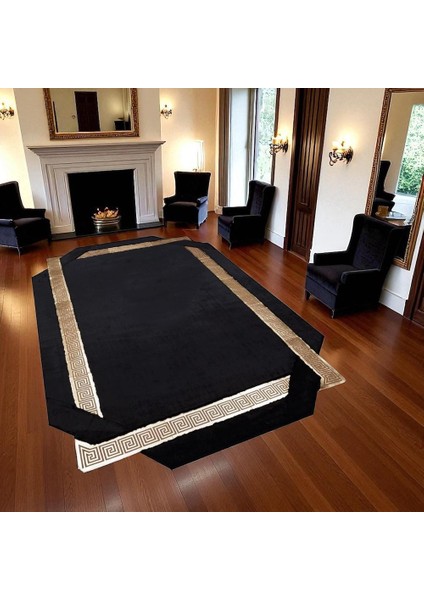 Altın Bordürlü Siyah Peluş Halı – El Yapımı Yumuşak ve Şık Salon Halısı modelleri