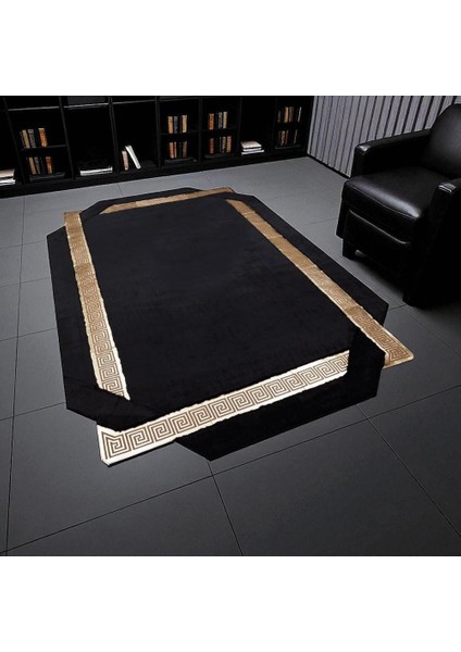 Altın Bordürlü Siyah Peluş Halı – El Yapımı Yumuşak ve Şık Salon Halısı indirimleri
