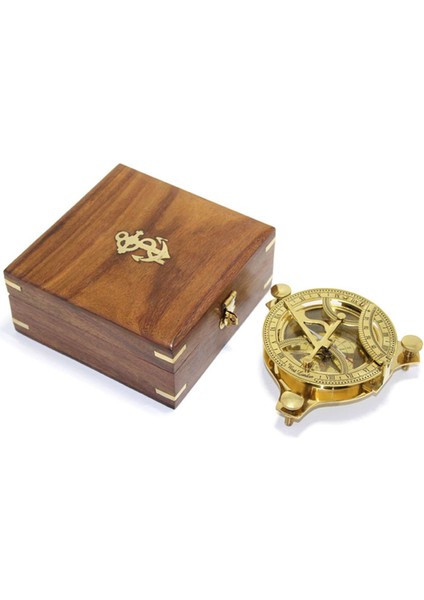 Ahşap Kutulu El Yapımı Pirinç Güneş Saati ve Pusula