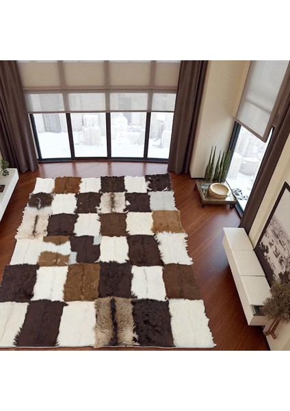 Kahverengi ve Beyaz Oğlak Derisi Patchwork Halı, El Yapımı Şık Salon Halısı modelleri