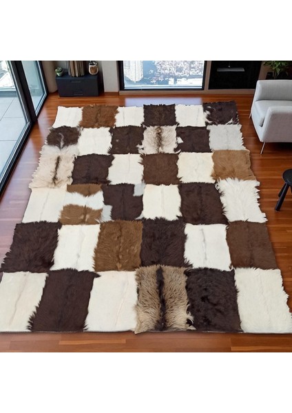 Kahverengi ve Beyaz Oğlak Derisi Patchwork Halı, El Yapımı Şık Salon Halısı indirimleri