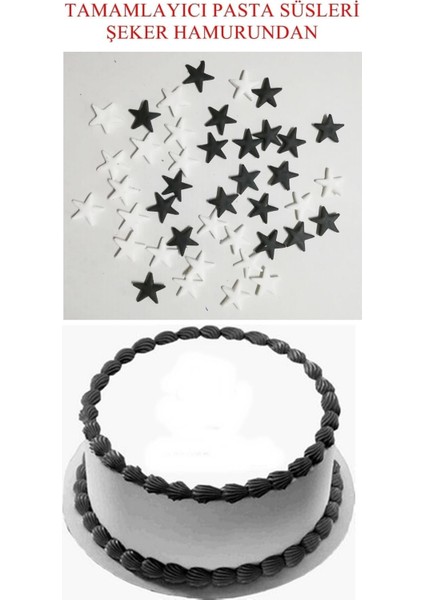 Şeker Hamurundan Pasta Tamamlayıcı Süs Siyah Beyaz Yıldızlar Modeli