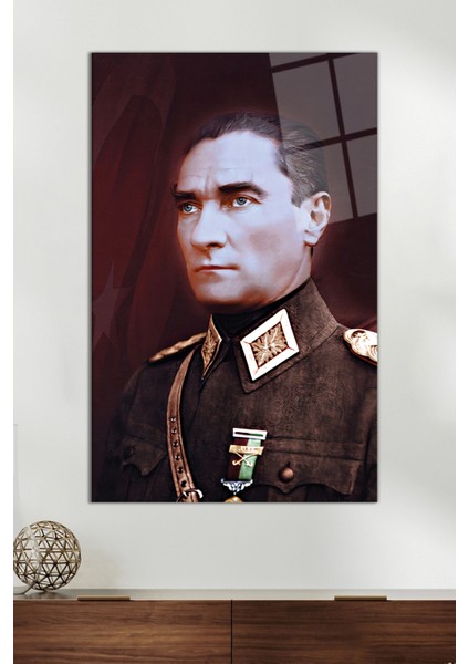 Bordo Üniformalı Madalyalı Atatürk Cam Tablo, Ev ve Ofis Dekoru, Hediyelik Duvar Dekorasyonu