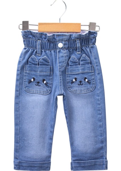 Cep Nakışlı Likralı Kız Kot Pantolon Mavi