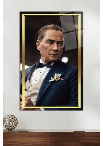 Gold Şeritli Yapay Zeka Atatürk Portresi Cam Tablo, Ev ve Ofis Dekoru, Hediyelik Duvar Dekorasyonu