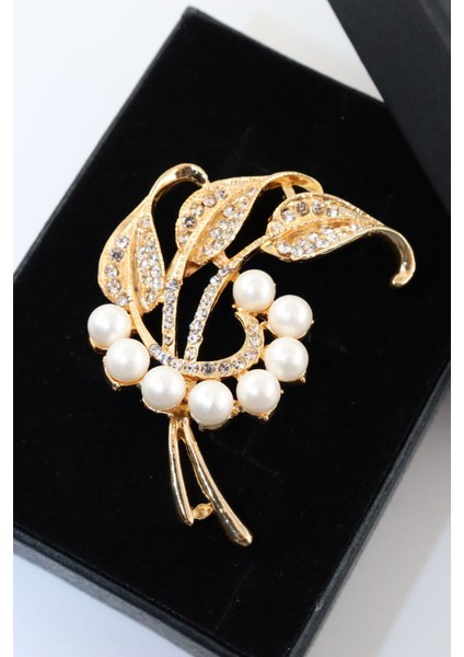 Gold Renk Incili Yaprak Broş. Yaka Iğnesi Broş. Taşlı Tasarım Broş. Kadın Broş. Broş. Yaprak Broş.