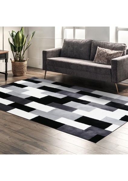 Siyah Beyaz Yumuşak Peluş Halı, Şık ve Yumuşak Salon Halısı