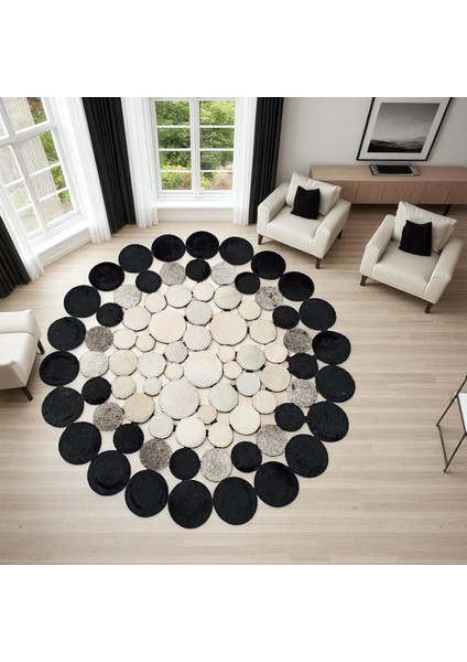 Siyah ve Beyaz Puantiyeli Yuvarlak Dana Derisi Halı, Şık ve Modern Tasarım Salon Halısı fiyatları
