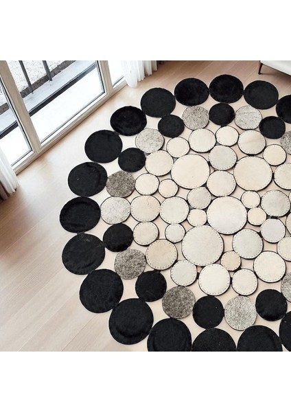 Siyah ve Beyaz Puantiyeli Yuvarlak Dana Derisi Halı, Şık ve Modern Tasarım Salon Halısı modelleri
