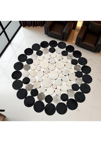 Siyah ve Beyaz Puantiyeli Yuvarlak Dana Derisi Halı, Şık ve Modern Tasarım Salon Halısı fırsatları