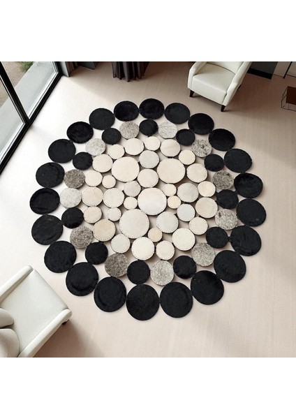 Siyah ve Beyaz Puantiyeli Yuvarlak Dana Derisi Halı, Şık ve Modern Tasarım Salon Halısı indirimleri