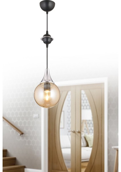 Şık Siyah Tekli Bal Glop Top Camlı Krom Modern Avize