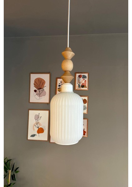 Beyaz Cam Sarkıt Avize, Ahşap Detaylı, Retro Tasarım, Restoran ve Salon Aydınlatması