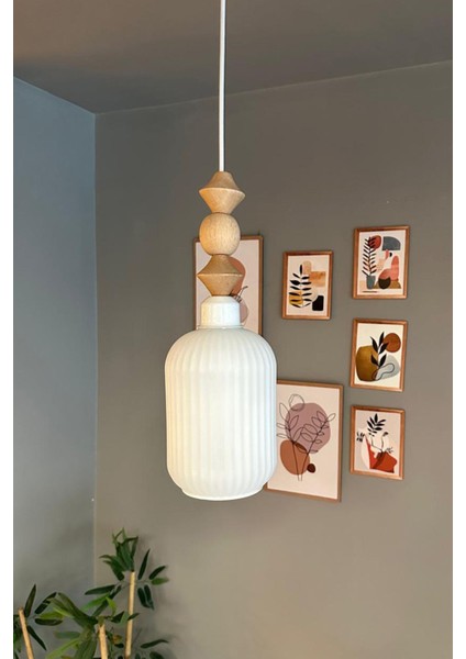 Beyaz Cam Sarkıt Avize, Ahşap Detaylı, Retro Tasarım, Restoran ve Salon Aydınlatması fiyatları