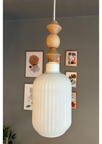 Beyaz Cam Sarkıt Avize, Ahşap Detaylı, Retro Tasarım, Restoran ve Salon Aydınlatması modelleri