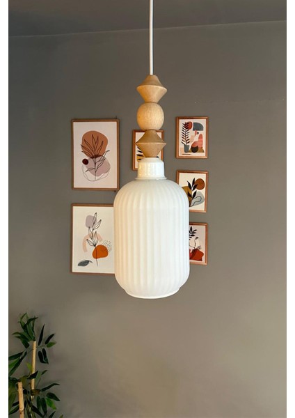 Beyaz Cam Sarkıt Avize, Ahşap Detaylı, Retro Tasarım, Restoran ve Salon Aydınlatması fırsatları