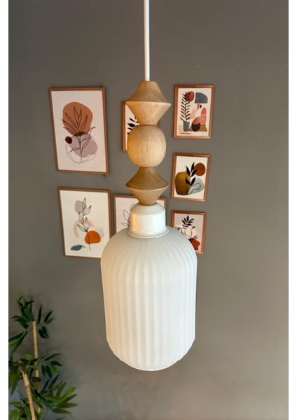 Beyaz Cam Sarkıt Avize, Ahşap Detaylı, Retro Tasarım, Restoran ve Salon Aydınlatması indirimleri