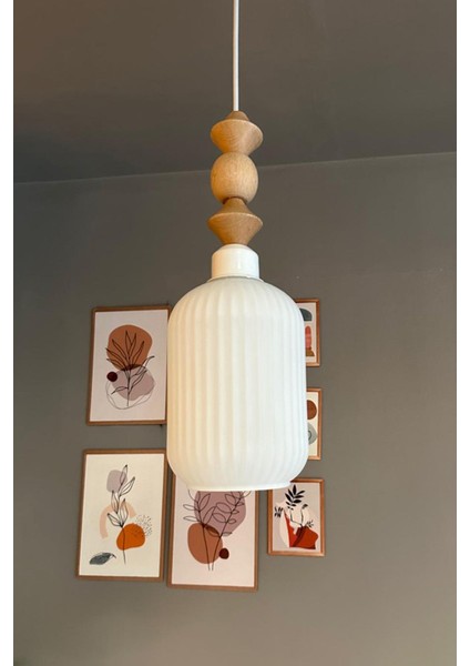 Beyaz Cam Sarkıt Avize, Ahşap Detaylı, Retro Tasarım, Restoran ve Salon Aydınlatması