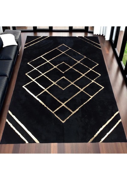 Altın Geometrik Desenli Siyah Peluş Halı, Modern Ev Halısı