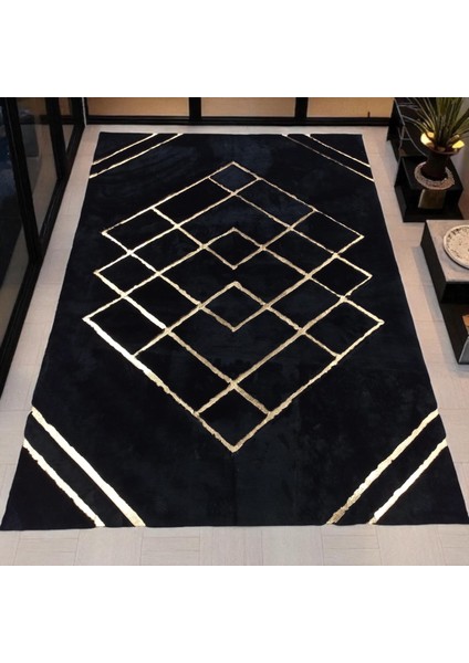 Altın Geometrik Desenli Siyah Peluş Halı, Modern Ev Halısı modelleri