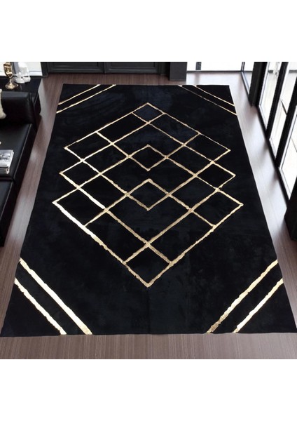 Altın Geometrik Desenli Siyah Peluş Halı, Modern Ev Halısı fırsatları