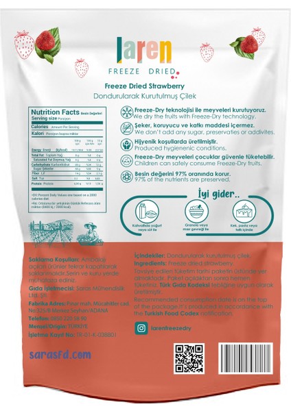 Çilek- Dondurularak Kurutulmuş Meyve - Freeze Dry Kuru Meyve 15gr-3'lü modelleri