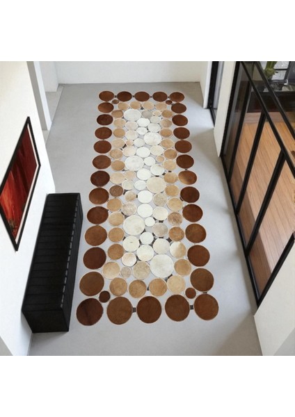 Kahve Puantiyeli Dana Derisi Patchwork Yolluk Halı, Şık Tasarımlı Yolluk, Kaymaz Taban Halı