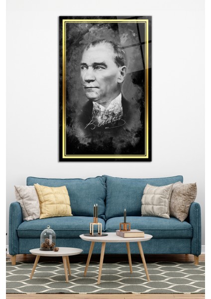 Gold Şeritli Siyah Beyaz Atatürk Imzalı Cam Tablo, Ev ve Ofis Dekoru Hediyelik Duvar Dekorasyonu modelleri