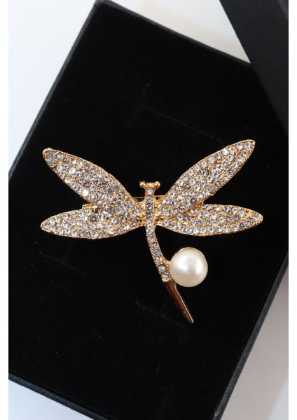 Gold Renkli Incili Yusufçuk Broş. Taşlı Tasarım Broş. Yaka Iğnesi Yusufçuk Broş. Yusufçuk Broş.