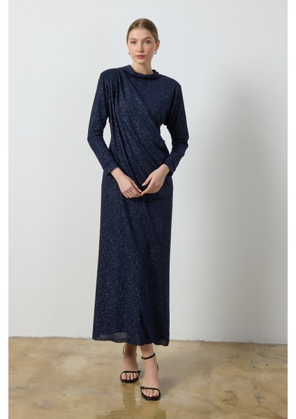Lacivert Simli Drape Elbise